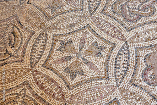 Ancient roman mosaic on the floor in El Djem archaeological museum, Tunisia