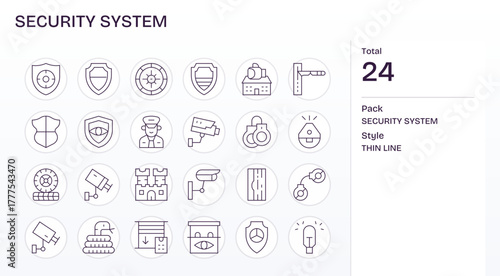 Security System Exclusive Vector Set featuring 24 Thin Line Grid Fitted 64x64 Icons