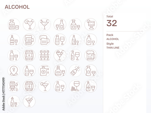 Alcohol Vector Icon Set with 32 Thin Line High Resolution Display Perfect Graphics