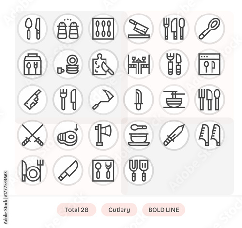 Cutlery Vector Icon Library with 28 Bold Line High Resolution Detail Enhanced Designs