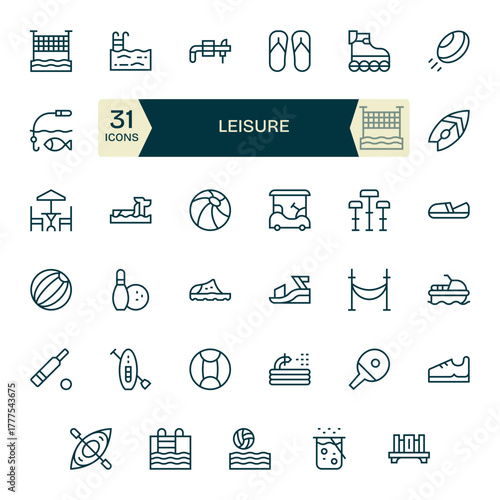 35 Editable Vector Icons themed around Leisure in 128x128 Regular Line format