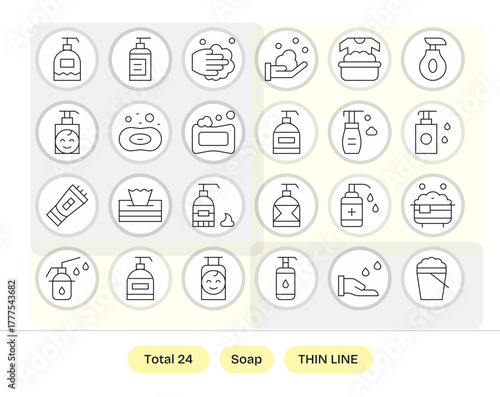Soap Digital Vector Pack containing 24 Editable Thin Line 64x64 Icons