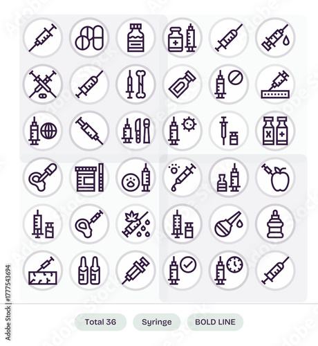 36 Bold Line Vector Icons from Syringe in High Resolution PIXEL Perfect Quality