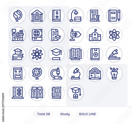 Study Scalable Vector Set featuring 28 Editable Bold Line Retina Ready Icons
