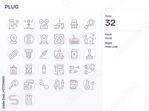 Plug featuring 32 64x64 Vector Icons in Thin Line Design