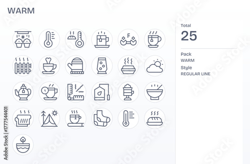 Regular Line Style Warm Vector Icons with 25 Retina Ready PIXEL Perfect Designs