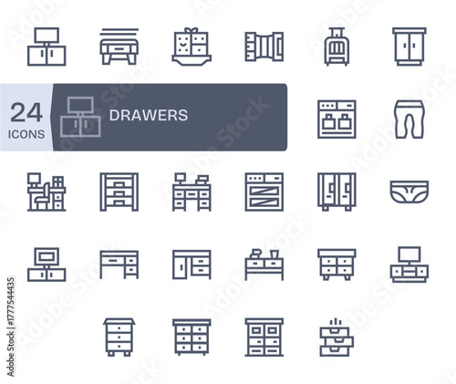 Drawers Editable Vector Set with 24 64x64 Bold Line Icons