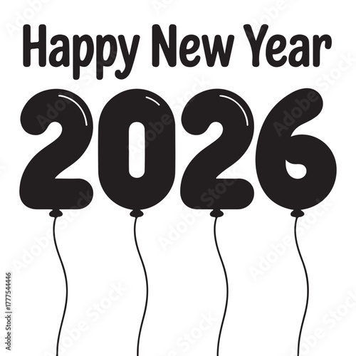Happy New Year 2026 with Balloons – Festive Monochrome Vector