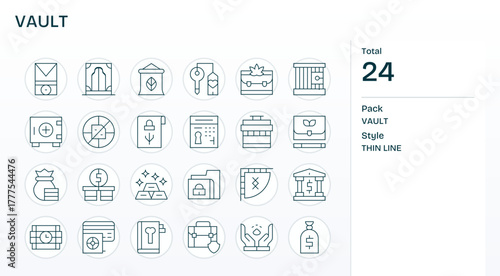 Thin Line Style Vault Vector Icons with 24 256x256 Pixel Aligned Designs