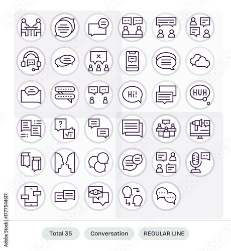 35 Retina Ready Vector Icons for Conversation in Grid Fitted Regular Line Format