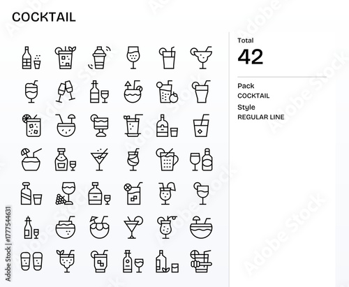 42 Regular Line Vector Icons for Cocktail in crisp 128x128 Editable resolution