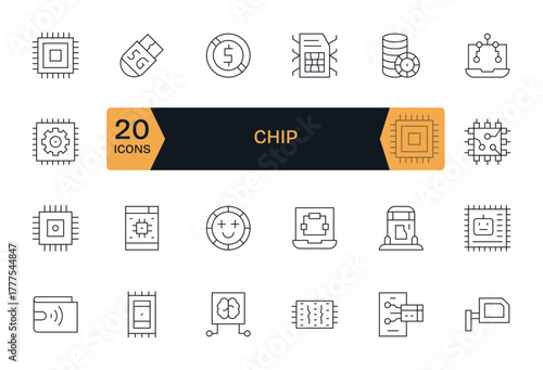 Chip Vector Icon Toolkit featuring 24 Display Perfect 64x64 Thin Line elements