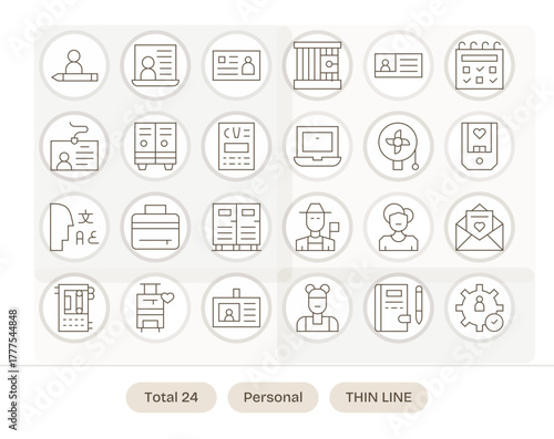 Personal Essential Vector Set including 24 Grid Fitted Thin Line High Resolution Icons
