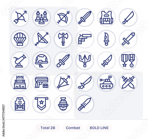 Combat Vector Icon Library with 28 Bold Line 64x64 Grid Fitted Designs