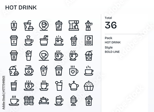 Hot Drink Premium Vector Bundle with 36 High Resolution Pixel Optimized Bold Line Icons