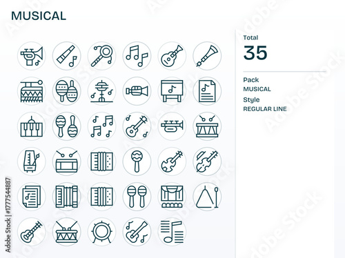 Musical Vector Icon Library with 35 Regular Line High Resolution Detail Enhanced Designs
