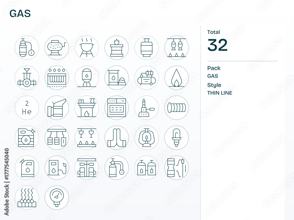 Fototapeta premium Gas Vector Icon Collection with 32 128x128 Thin Line Designs