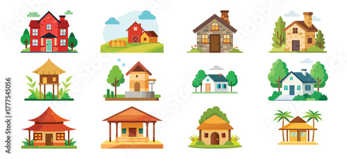 Collection of diverse charming cartoon houses and buildings in various architectural styles surrounded by greenery