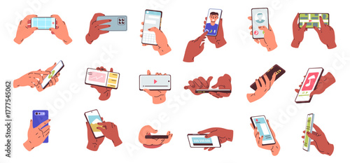 Hands holding smartphones. User hand hold cell phone with smart mobile app video call, using social media scroll map camera tap finger swipe press screen classy vector illustration