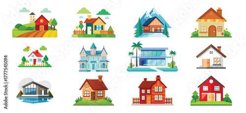 Collection of diverse architectural styles of houses and homes in a variety of settings and colors