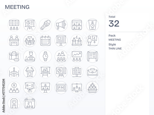 Meeting Modern Vector Collection with 32 Thin Line 128x128 Detail Enhanced Icons
