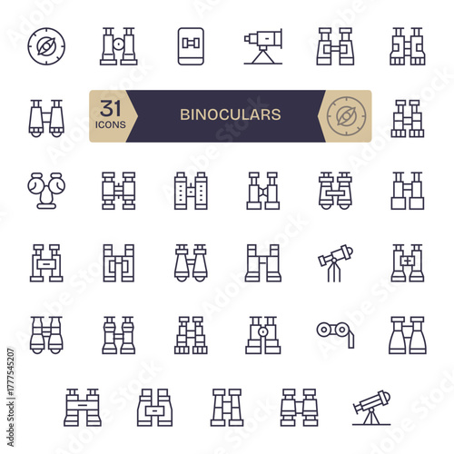 Binoculars Modern Vector Collection with 35 Regular Line Retina Ready Pixel Optimized Icons