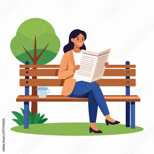 Woman reading newspaper on a park bench, wearing a blazer and blue pants.