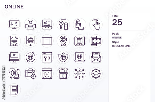 Online Vector Icon Collection featuring 25 Detail Enhanced 64x64 Regular Line Designs