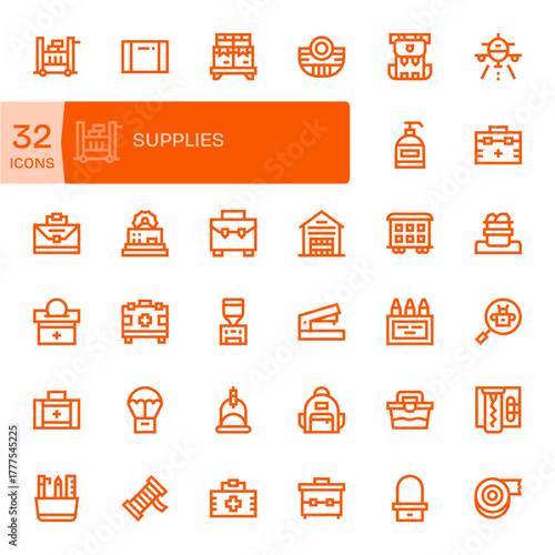 Supplies Vector Icon Set with 32 Bold Line 64x64 Display Perfect Graphics
