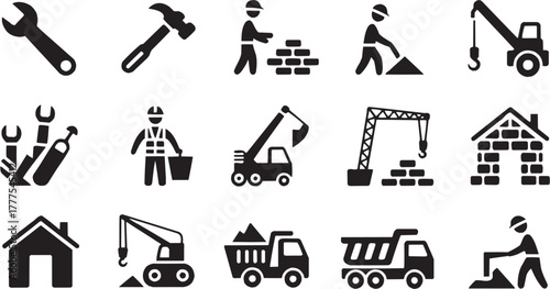 Construction and industry equipment icons. Tools, vehicles, engineer, builder, repair, project, factory, maintenance, work, industrial design