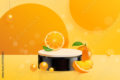 Orange podium. Realistic studio platform, orange fruit stage pedestal for vitamin c natural cosmetic product display presentation beauty promotion ad banner vector illustration