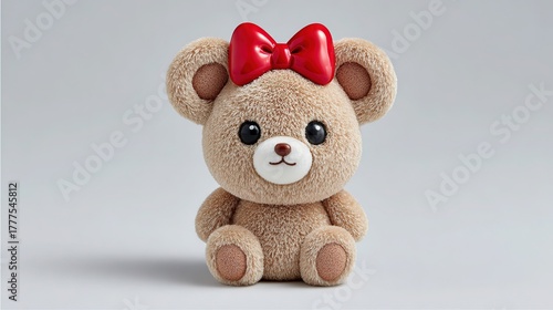Cute plush teddy bear with red bow on head, isolated on white background. Detailed professional photograph in natural light for gift or childhood theme.