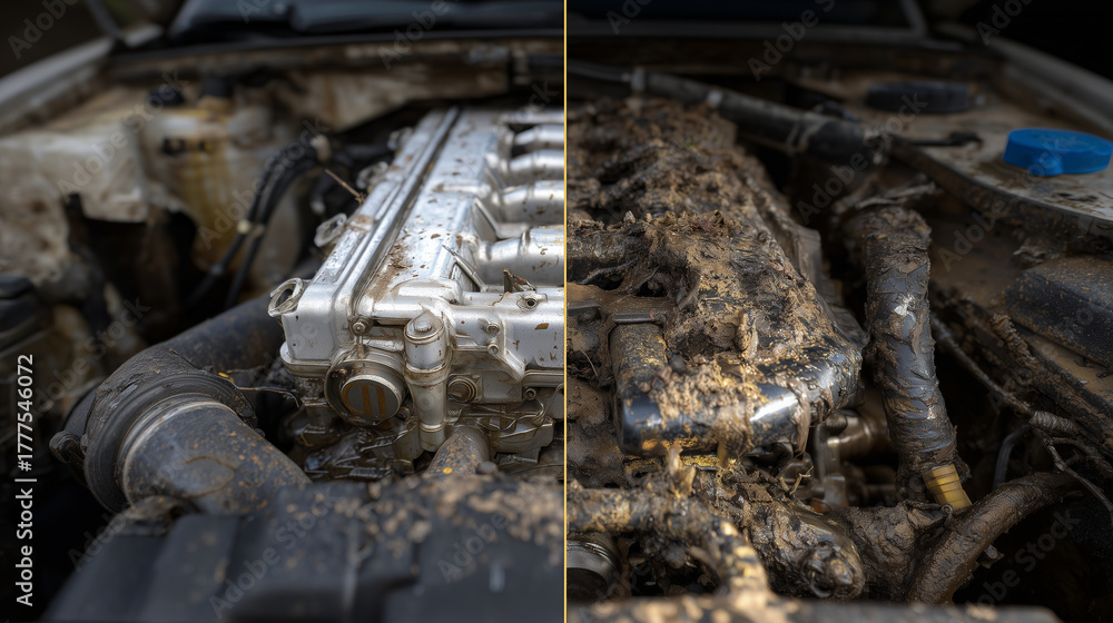 Fototapeta premium High-detail comparison image, car engine divided vertically, left side freshly cleaned and shiny, right side covered in dirt and oil, textures of metal and grime clearly visible