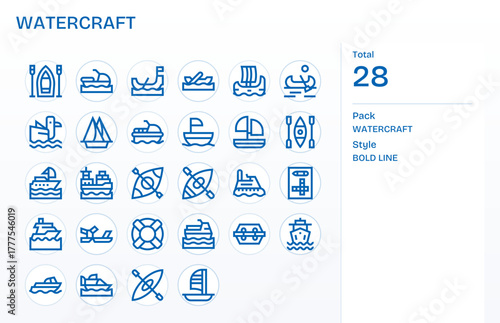 Watercraft featuring 28 Retina Ready Vector Icons in Bold Line Design