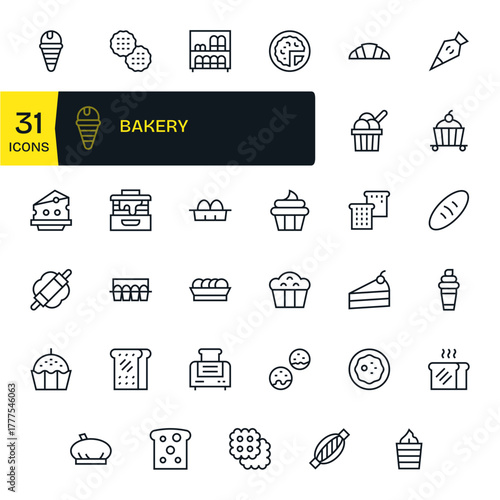 Bakery 128x128 Vector Icon Pack with 35 Regular Line Grid Fitted Elements