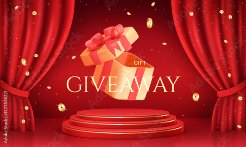Realistic gift platform. 3d giftbox podium, giveaway gifts free prize open surprise bonus win falling golden coins red curtains luxury background promo poster vector illustration