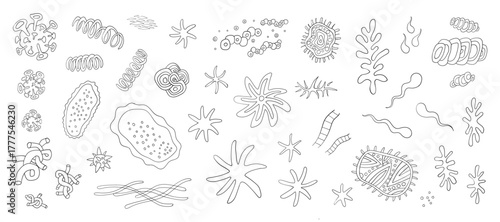 Microbes bacterias virus doodle set ,  vector hand drawn illustration collection