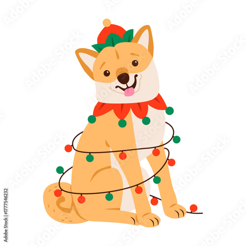 Cute Christmas dog tangled in festive lights. Dog wearing a Christmas hat and collar, sitting happily wrapped in colorful holiday lights on a white background.