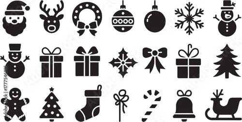 Christmas ornament gift icon collection. Festive symbols, celebration, winter holiday, decoration art, merry Christmas design, vector set