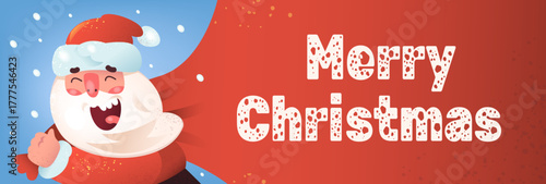 Santa bag banner. Cartoon claus dragging red bag with merry christmas text, xmas funny greeting card panoramic poster snowy winter holiday party cute invitation vector illustration