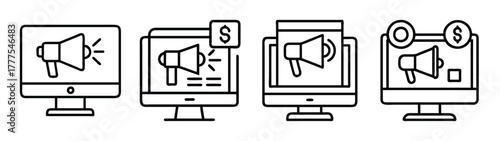 Online marketing advertising campaign promotion strategy megaphone on computer screen concept