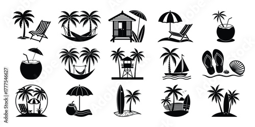 Collection of black and white silhouette illustrations of tropical beach vacation elements and summer holiday icons