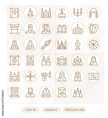 Religious Vector Icon Collection with 35 Retina Ready Regular Line Designs