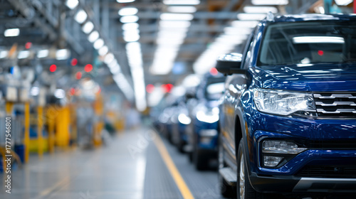 Modern car manufacturing plant, rows of freshly assembled vehicles on moving conveyor, clean industrial interior, reflections emphasizing the glossy finish of new cars