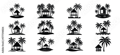 Collection of silhouette tropical island scenes with palm trees and beach huts