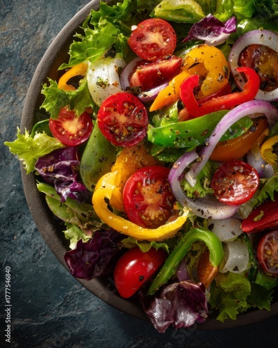 Fresh Colorful Salad with Tomatoes, Peppers and Greens in Bowl