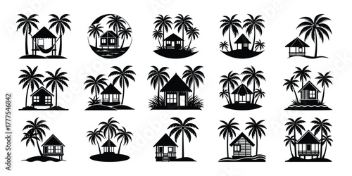 Collection of tropical beach hut silhouettes with palm trees and hammock