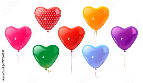 Realistic balloons hearts. Colorful balloon heart with string, red love foil shape valentine day or birthday party celebration event decoration, ballon exact vector illustration
