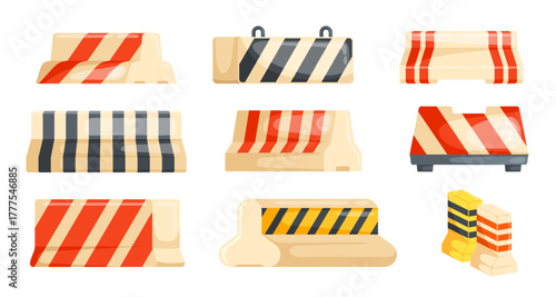 Concrete road barricade. Danger traffic way barricade, roadblock barrier street construction work block forbidden no entry realistic roadway barricade, kicky vector illustration