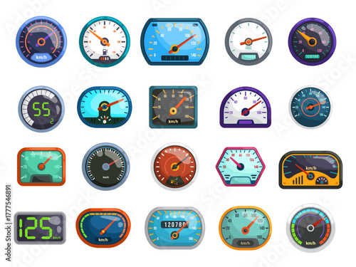 Cartoon speedometers. Cars speed meter, auto rpm gauge fuel indicator odometer vehicle dashboard automobile panel race fast measurement accelerate power, kicky vector illustration